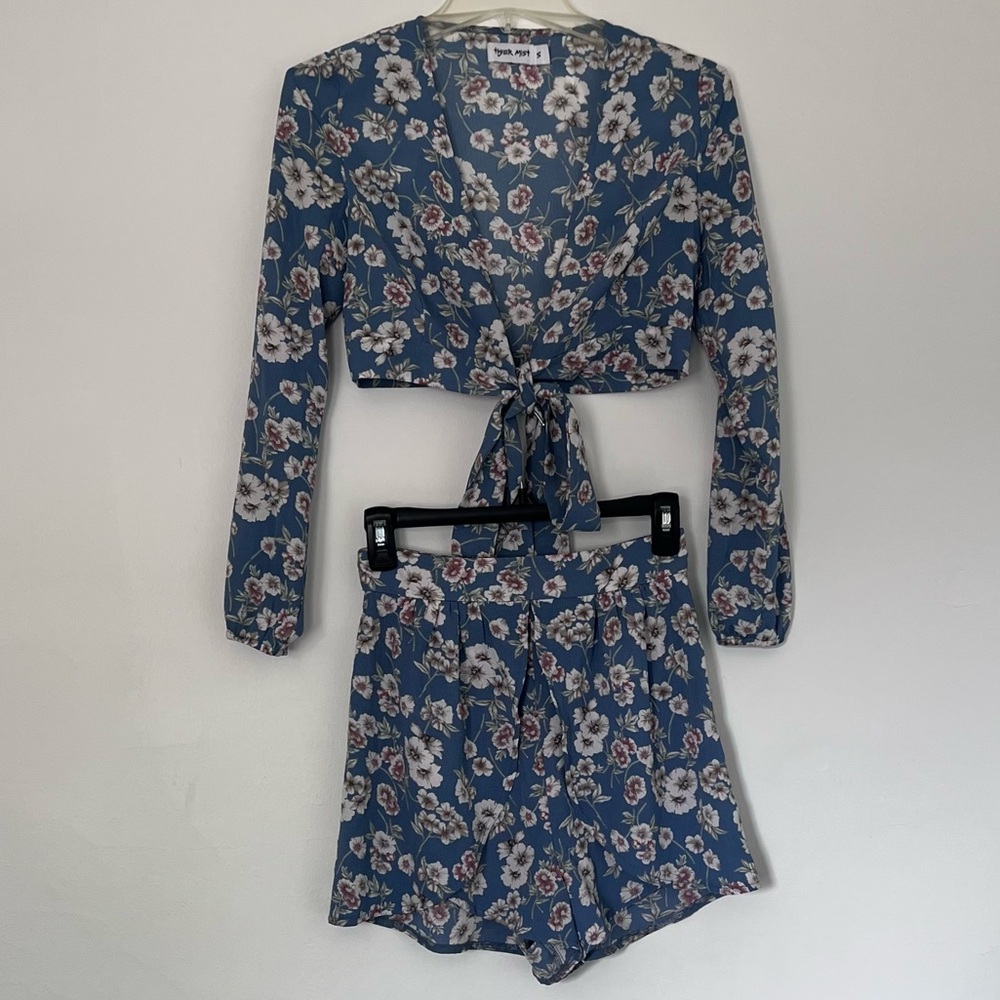Tiger Mist Rare Blue Floral Set | Tie-Front Crop Top & High Waist Skort